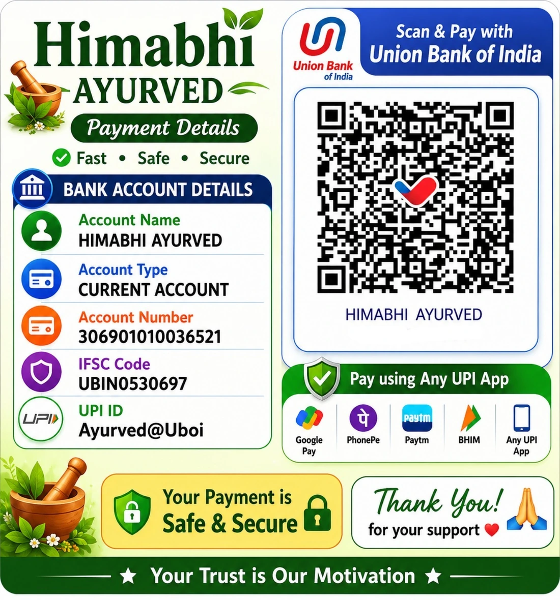 Himabhi Ayurved official payment details with Union Bank of India UPI QR code